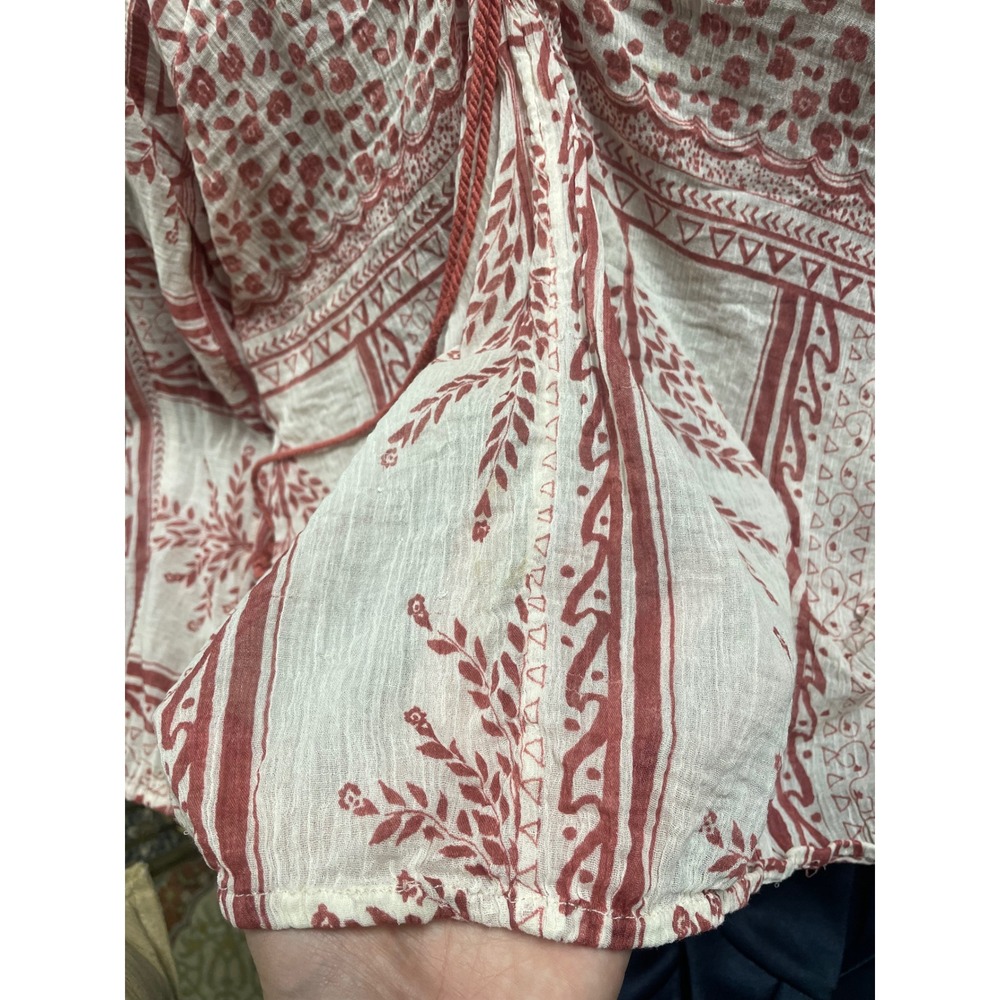 Free People Yo Yo Geo Peasant Blouse Red Cream Paisley Lace Up Tassel Boho M - Picture 10 of 16